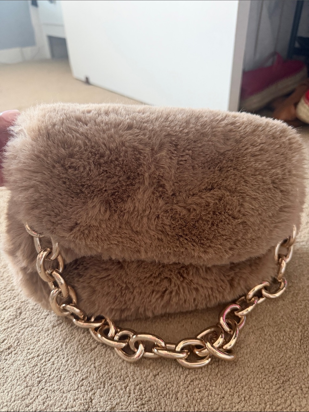 H&M Plush Faux Fur Shoulder Bag with Gold Chain - Taupe